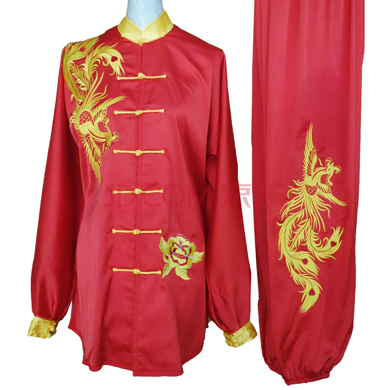太极拳表演服刺绣双龙双凤练功服中老年功夫服 大红底绣凤凰二件套 m