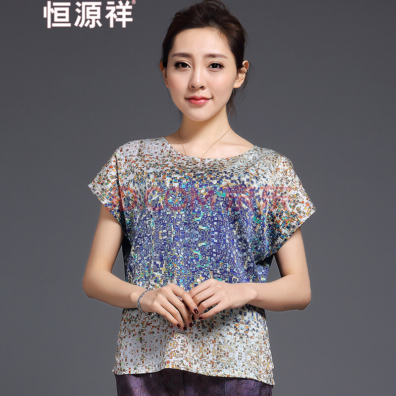 恒源祥夏季新款女士真丝短袖t恤桑蚕丝印花宽松t恤女 蓝色 l