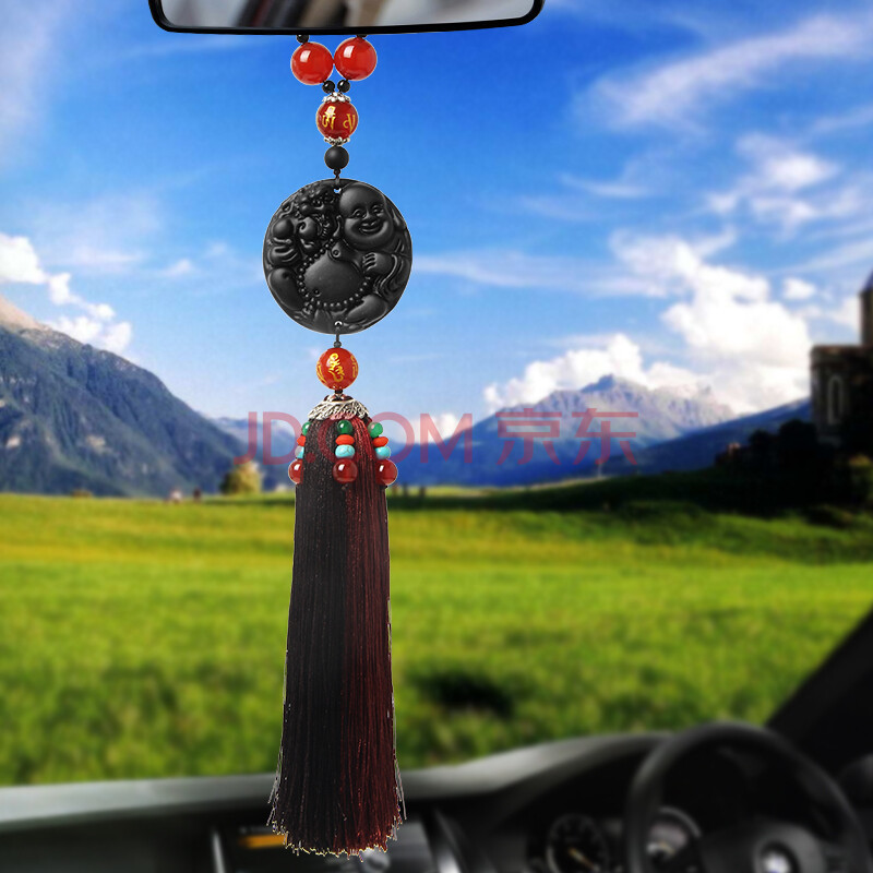 名车邦汽车挂件黑曜玉石平安挂饰双面佛抱貔貅 出入平安高档车用挂饰