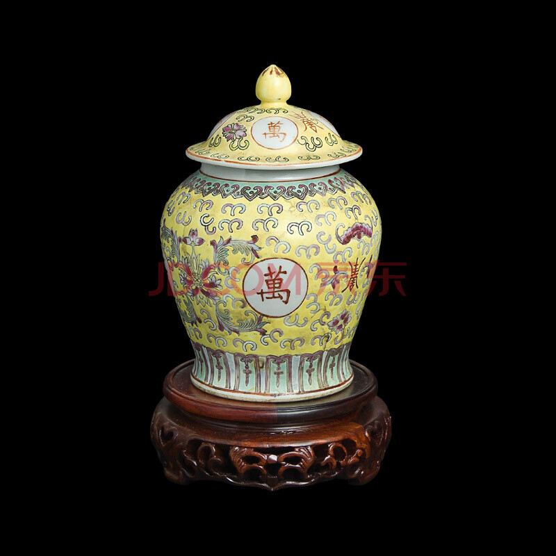 粉彩陶瓷-黄地万寿无疆将军罐