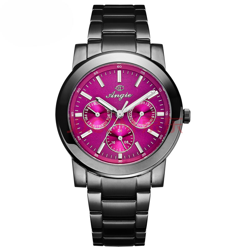 台湾angie手表 男女情侣腕表商务3眼石英表精钢间金男表防水女表 黑