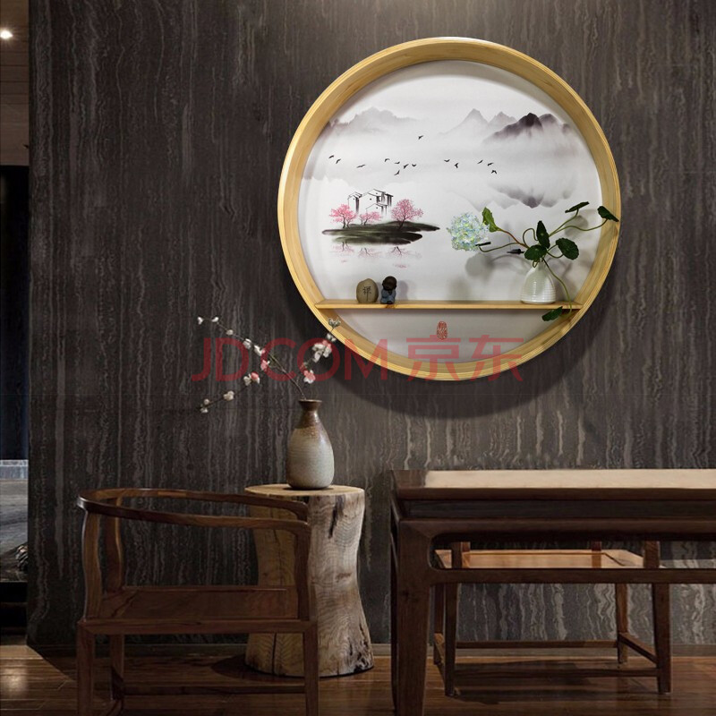 欧美艺画 圆形装饰画新中式玄关挂画客厅走廊水墨山水画茶室圆框禅意