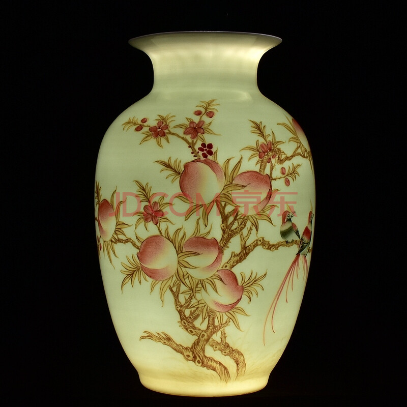70-80年代老厂货 怀仁堂7501手绘粉彩陶瓷 喜鹊寿桃花瓶