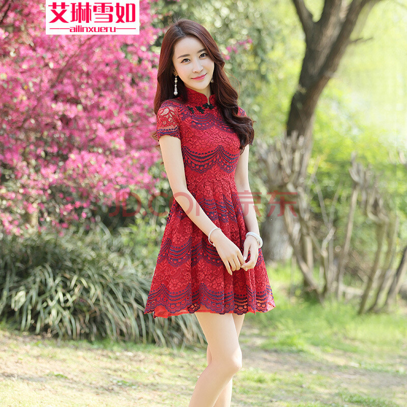 艾琳雪如蕾丝立领短袖2016年夏季高腰修身连衣裙 大红色 m