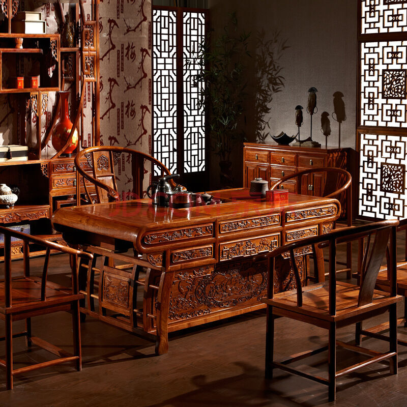 沃度 新中式家具古典全实木茶台富贵茶台仿古黄花梨办公茶桌9934 一桌