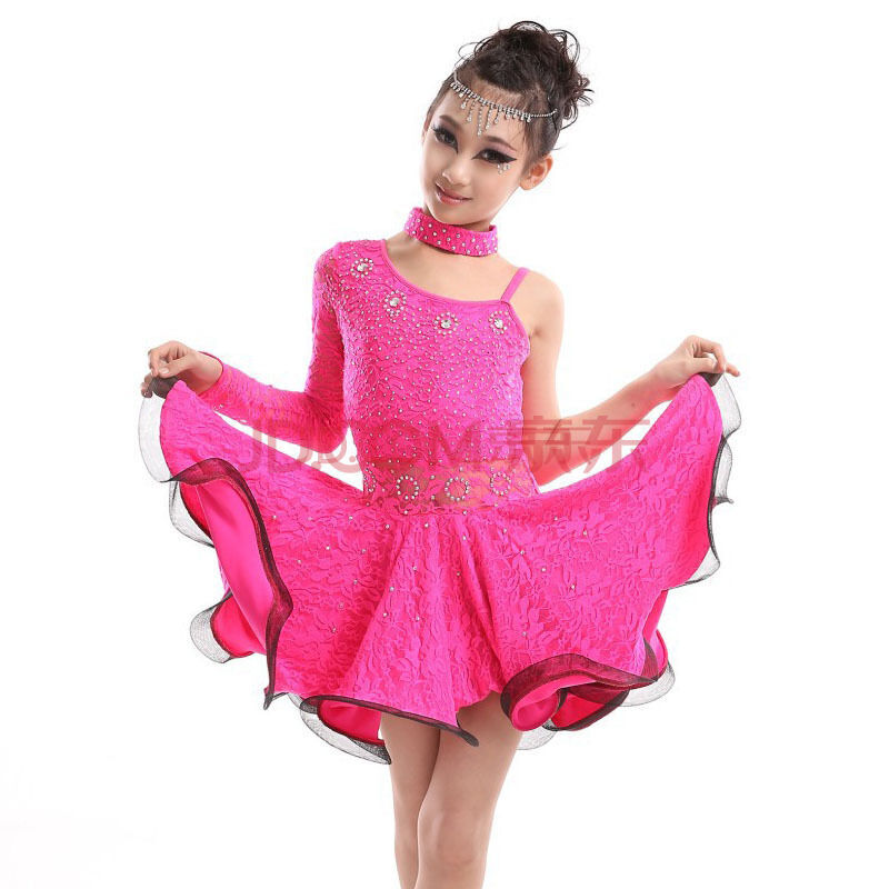 单肩吊带长袖儿童拉丁舞服装 女童兴趣班舞蹈服 拉丁服舞裙 练功服 玫