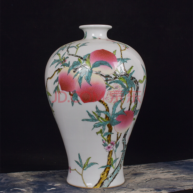 景德镇民间艺人侯杰文 手绘粉彩陶瓷 九桃梅瓶