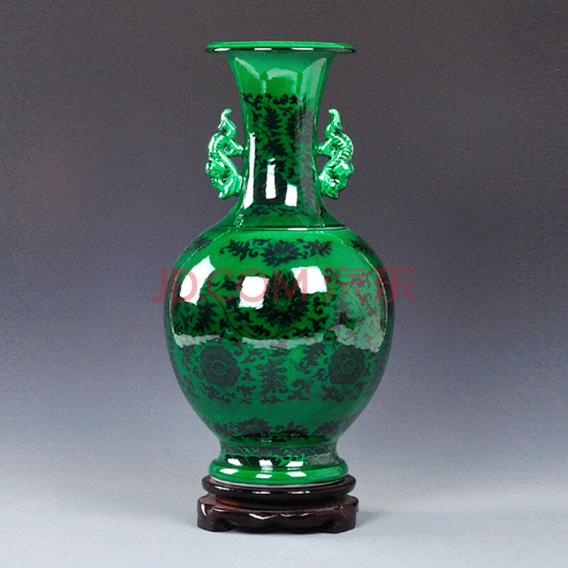 家居花瓶摆件仿古花瓶青花瓷瓶双耳瓶中式工艺品 大号翡翠绿胖双耳瓶