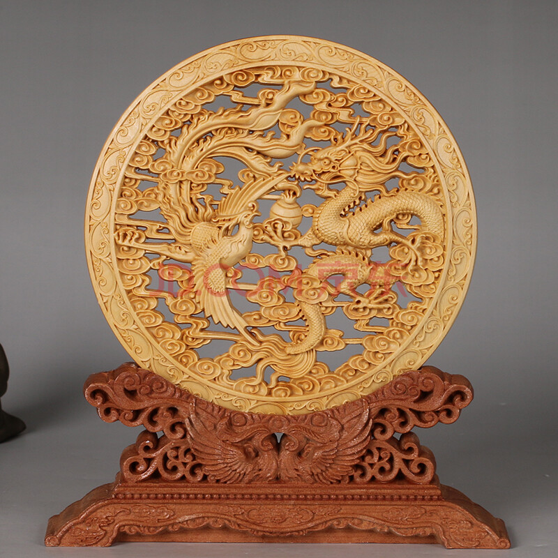 豪缘名木 一物一拍黄杨木精雕【龙凤呈祥】摆盘摆件 145mm12mm187mm