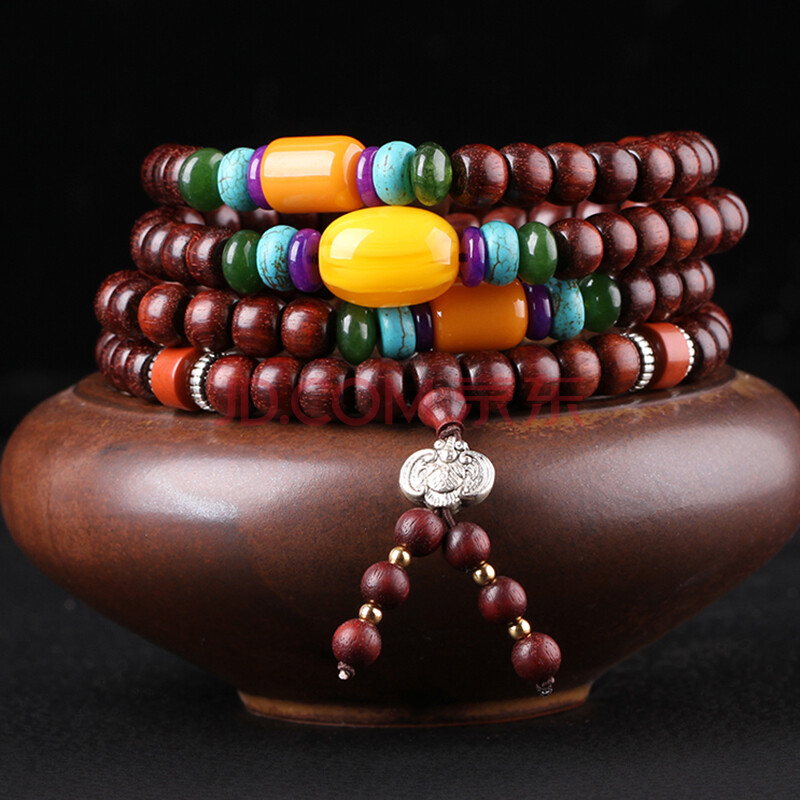 小叶紫檀桶珠老料加配饰多圈手串 48g