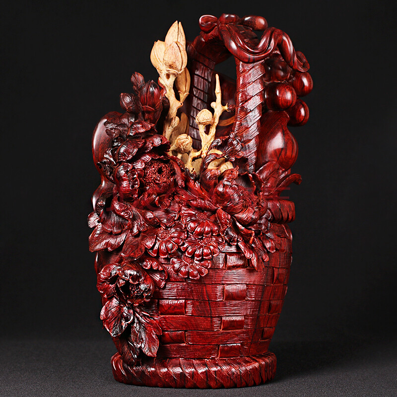 精品 小叶紫檀手工雕刻【富贵花篮】家居摆件235mm170mm140mm
