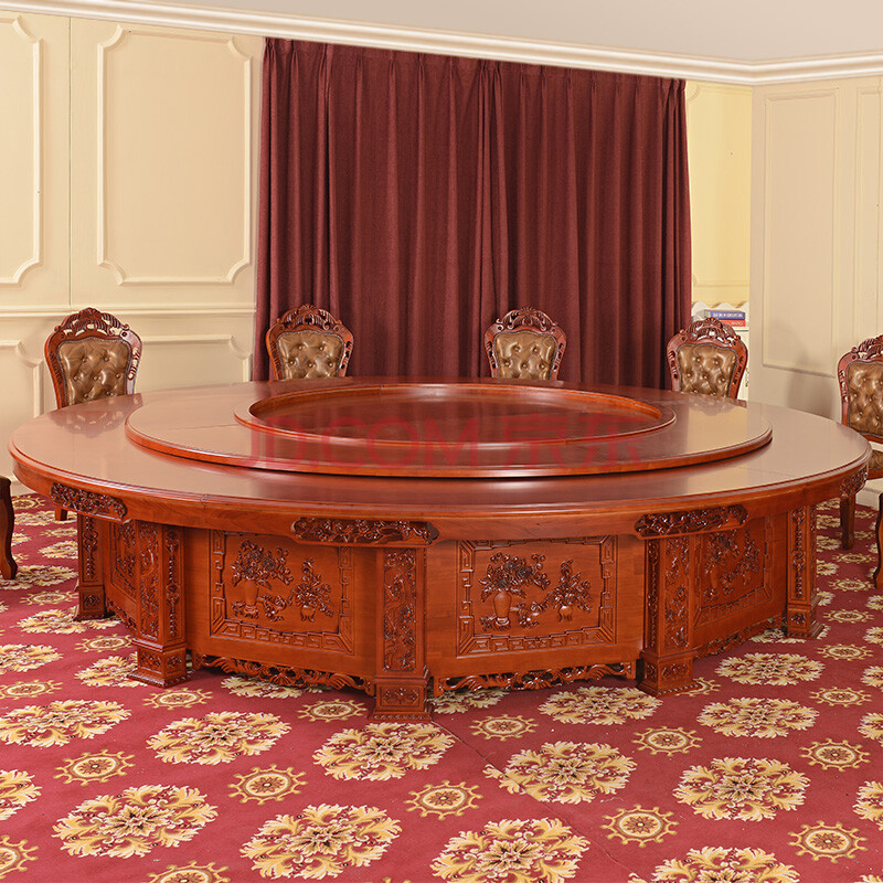 汇璟木业 实木雕刻仿古餐桌仿古酒店家具 饭店旋转大餐桌 10人20人