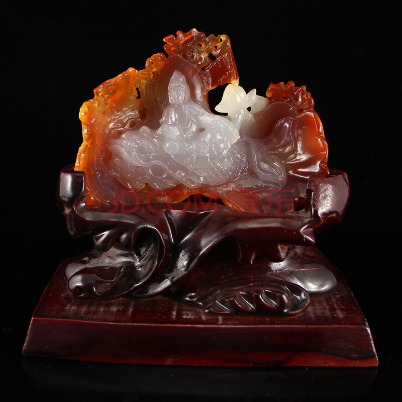 玛瑙巧色俏雕 莲花观音摆件 242.88克 全榕珠宝