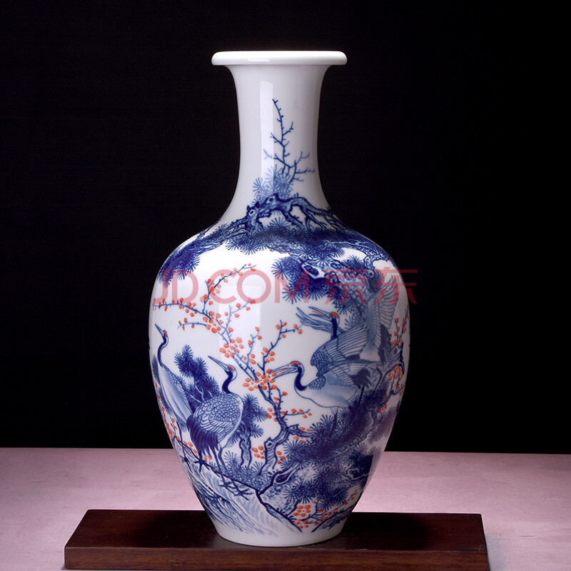 青花手绘松鹤延年花瓶 当代青年艺术大师 严巧作品