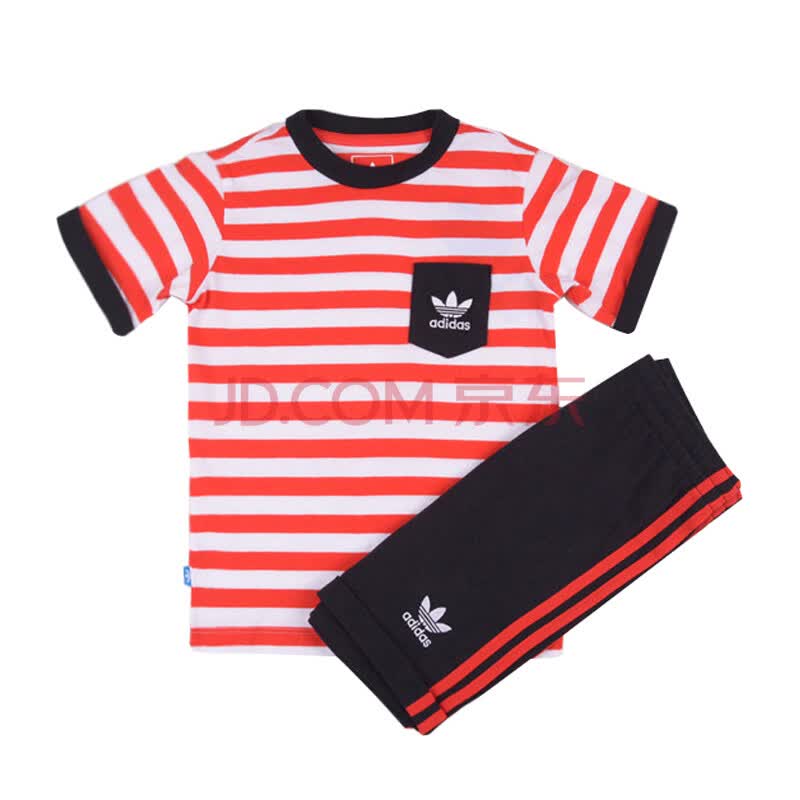 adidas阿迪达斯品牌童装男婴童条纹t恤短裤三叶草运动套装s14362 罂粟