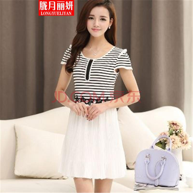 胧月丽妍 2015圆领黑白条纹经典百搭清新气质雪纺连衣裙女装 白色 xxl