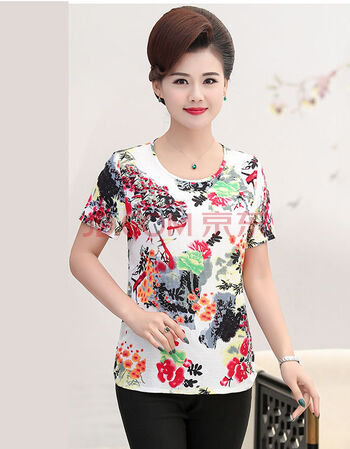 tiliyan中老年女装夏装t恤40-60岁妈妈装棉麻上衣大码老年人夏天衣服