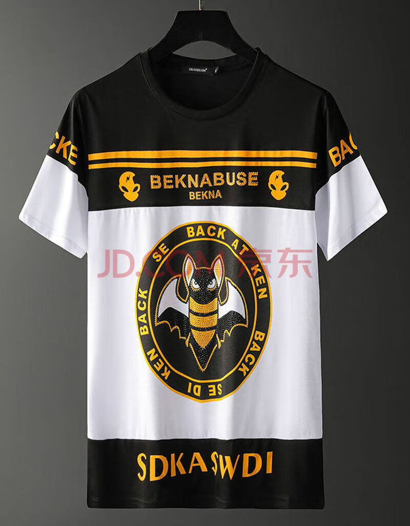 香港潮牌2020春夏季男装小蜜蜂烫钻刺绣潮t恤男士短袖新款拼色衣服男