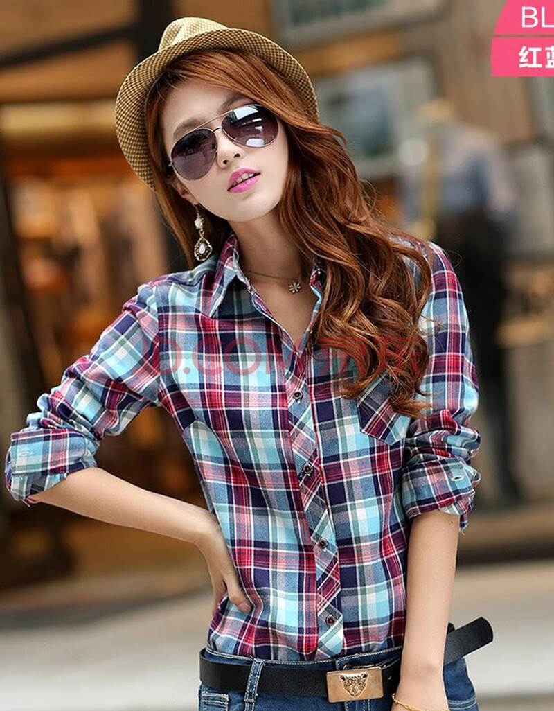柏莉鸟春秋季新款女士纯棉格子长袖衬衫时尚休闲法兰绒磨毛格子衬衣女