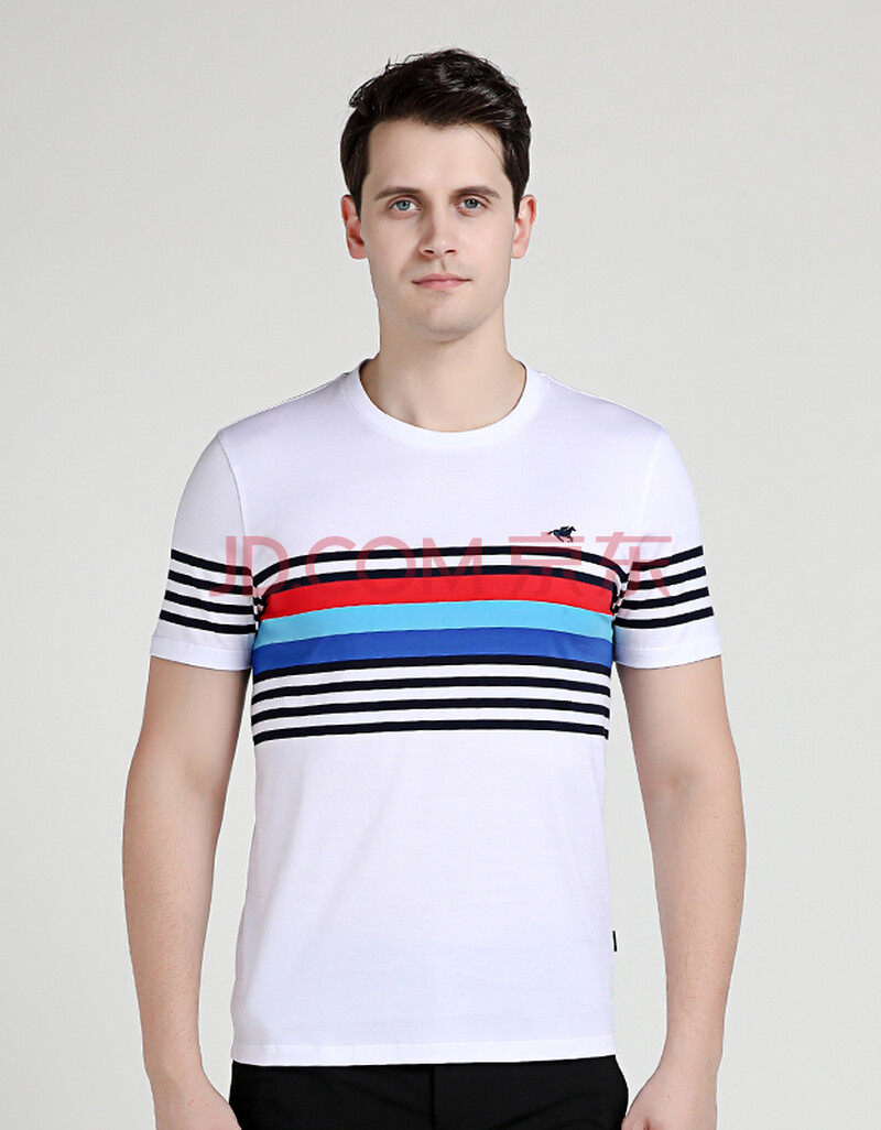 伦德保罗夏季男士时尚纯棉短袖t恤圆领修身横条纹针织t恤衫 白色 46
