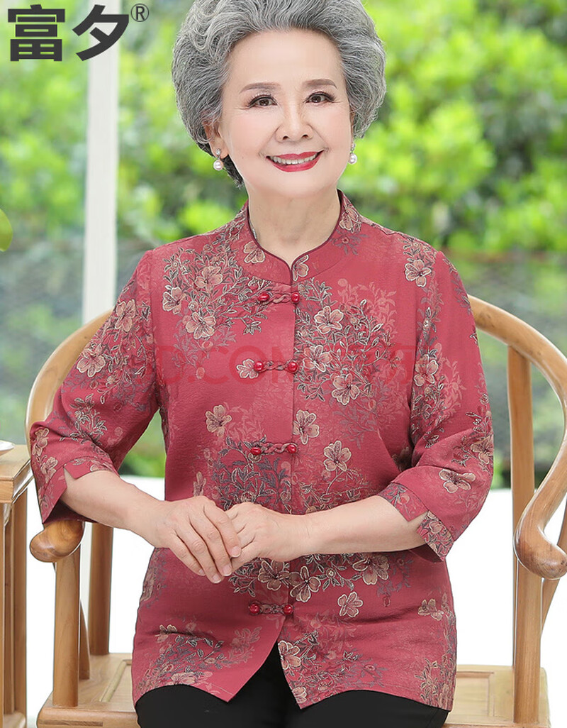 中老年人女装夏装妈妈装夏季七分袖衬衫老人衣服奶奶宽松衣服 富贵红
