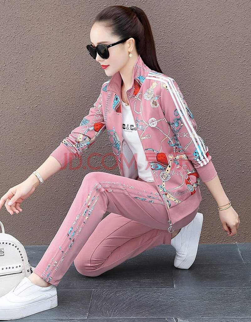 语缦 品牌卫衣套装女春秋三件套时尚显瘦棉质花开衫运动服休闲运动