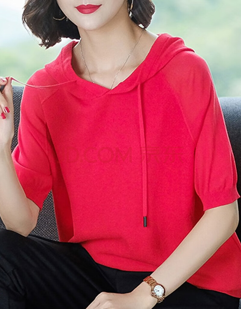 t恤女士上衣夏装2020年新款薄款半袖t桖带帽冰丝针织衫上衣女 红色