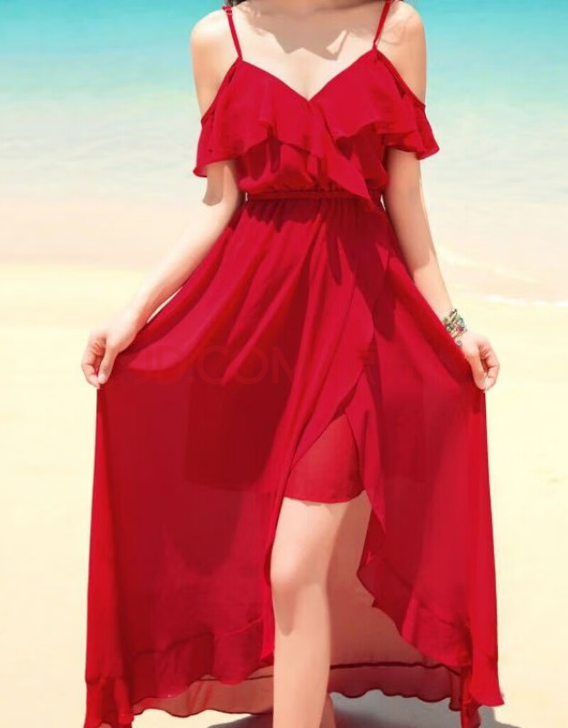国内度假海边沙滩裙红色礼服露肩雪纺裙吊带长裙燕尾裙好质量 红色 m