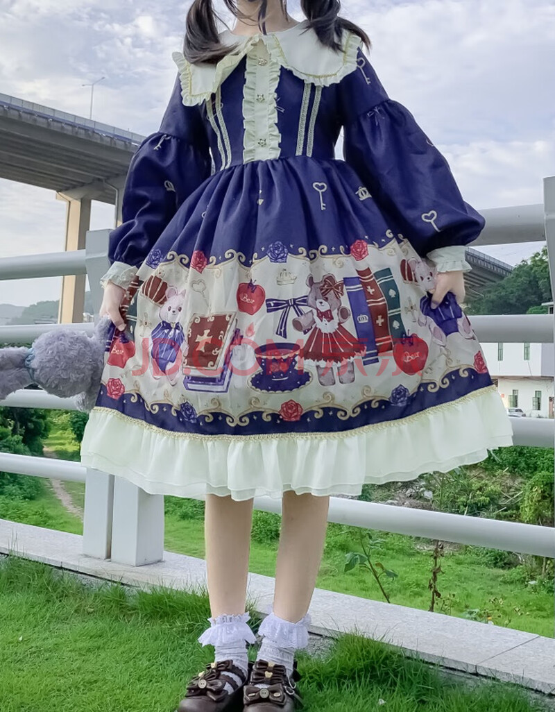 洛丽塔原创lolita日系甜美小熊印花软妹裙op长袖荷叶边连衣裙女秋萝莉