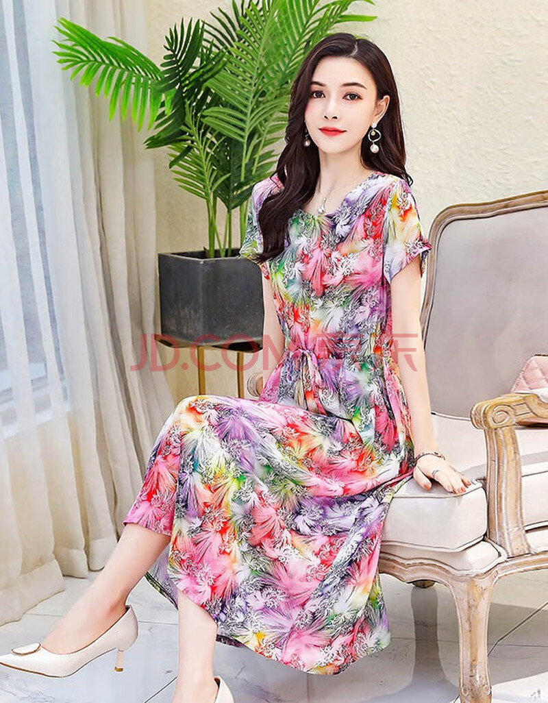 中年妈妈棉绸短袖连衣裙过膝裙子中老年夏季人造棉碎花长裙 21号 4xl