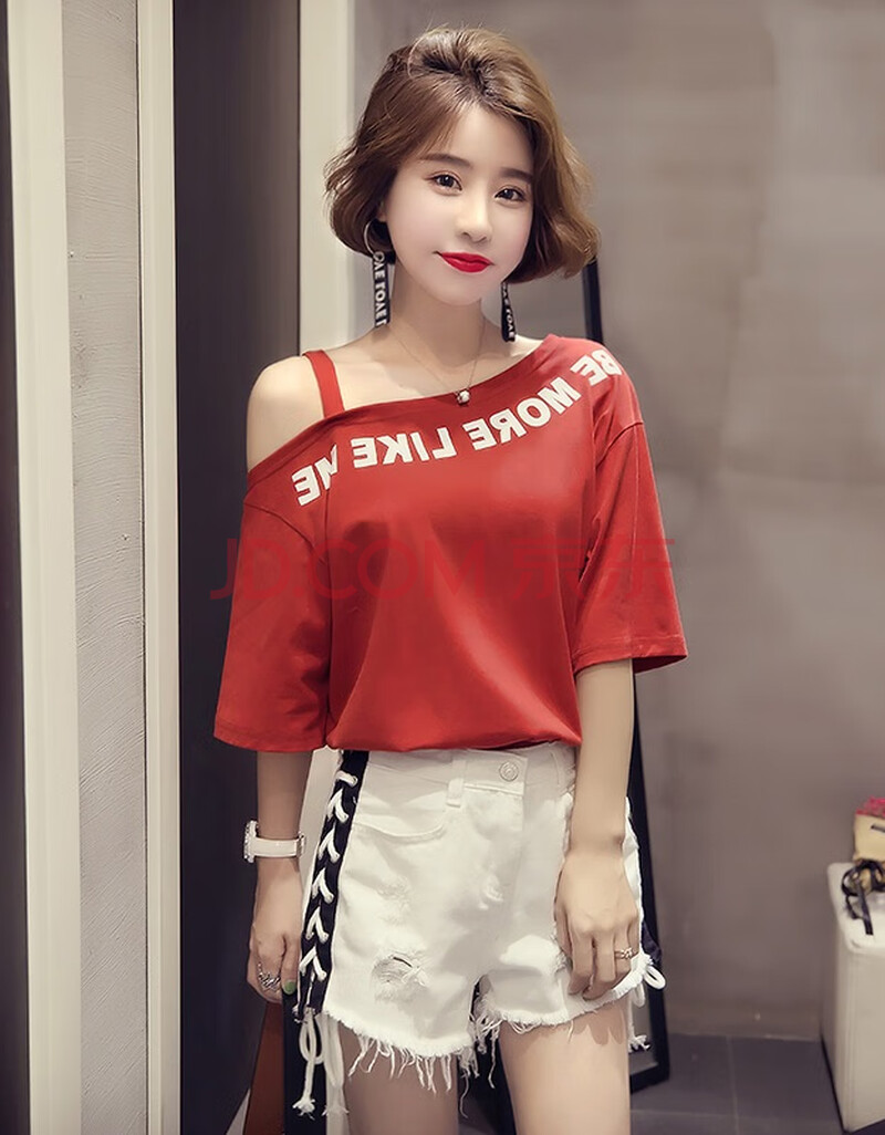 欧圣普 短袖t恤女夏装新款上衣韩国ulzzang百搭露肩性感chic打底小衫