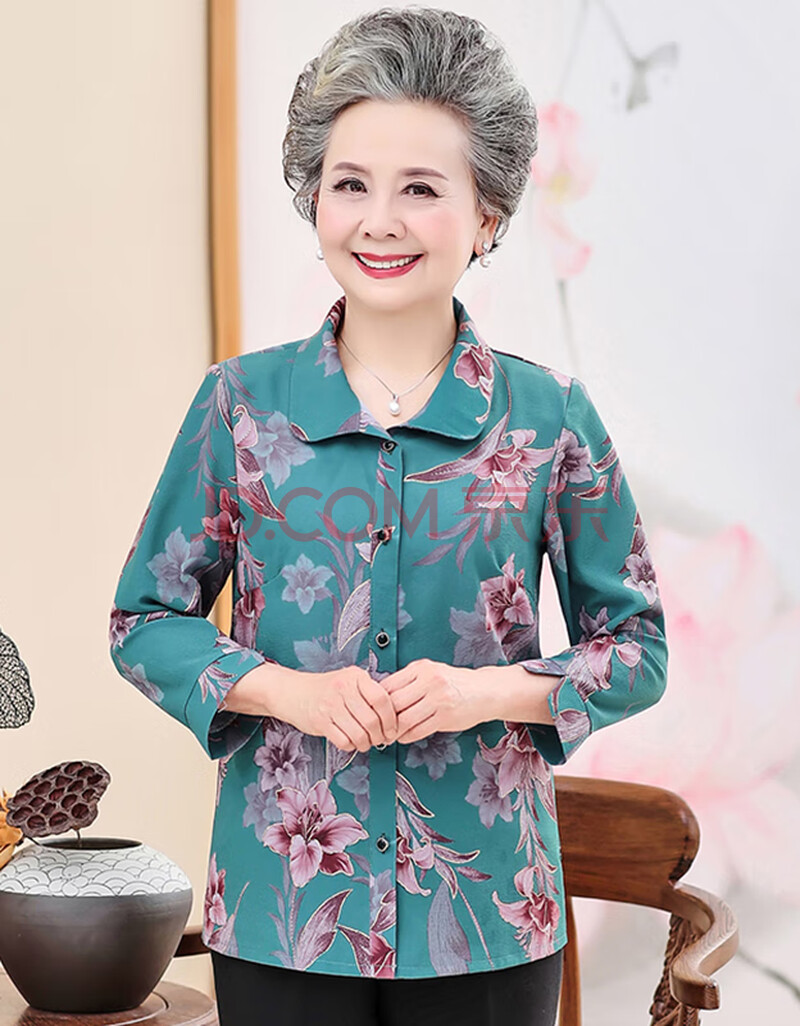 60-70岁老太太夏天穿的服装中老年人夏装女衬衫妈妈装长袖衬衫夏季