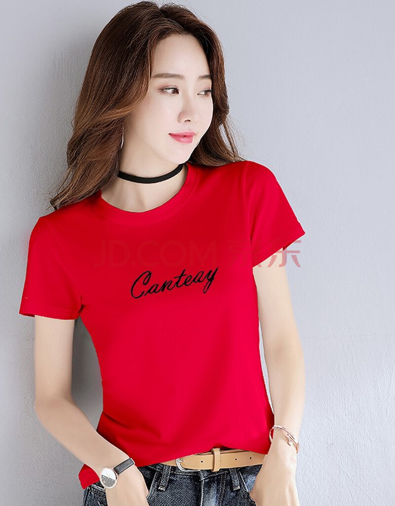 短袖t恤女2020新款夏季圆领95%棉上衣休闲时尚韩版打底衫体恤 大红色