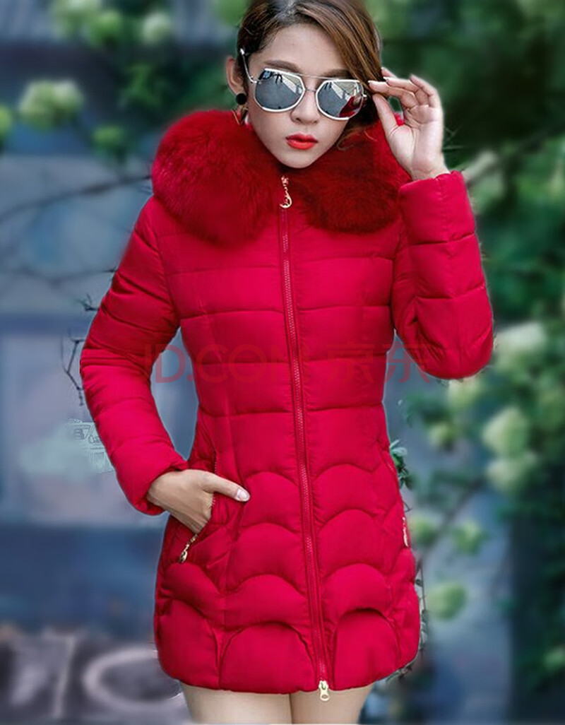 中款棉衣女学生加厚大毛领中长款修身大红色棉服收腰棉袄 红色 m建议