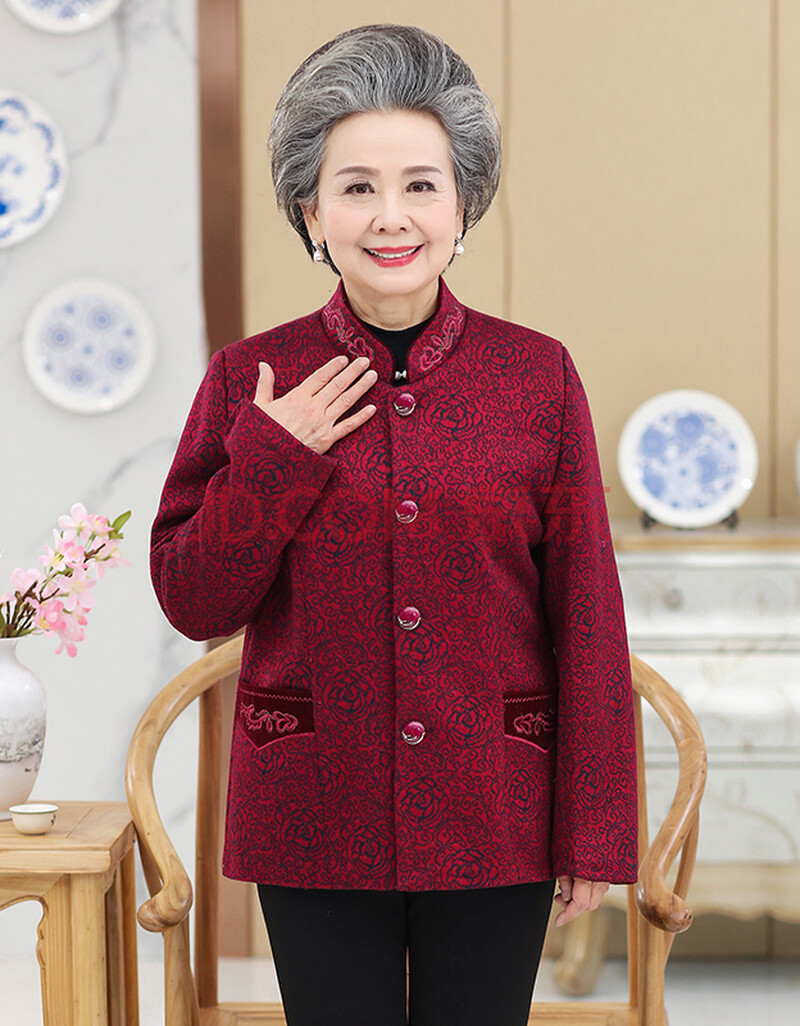 轻奢高端奶奶秋季秋短款外套70岁老年人秋装女妈妈红色唐装外衣大妈
