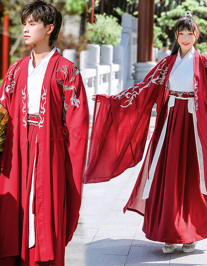 原创汉服男女红色仙气古风武侠服学生情侣装班服套装 红色大袖衫外套