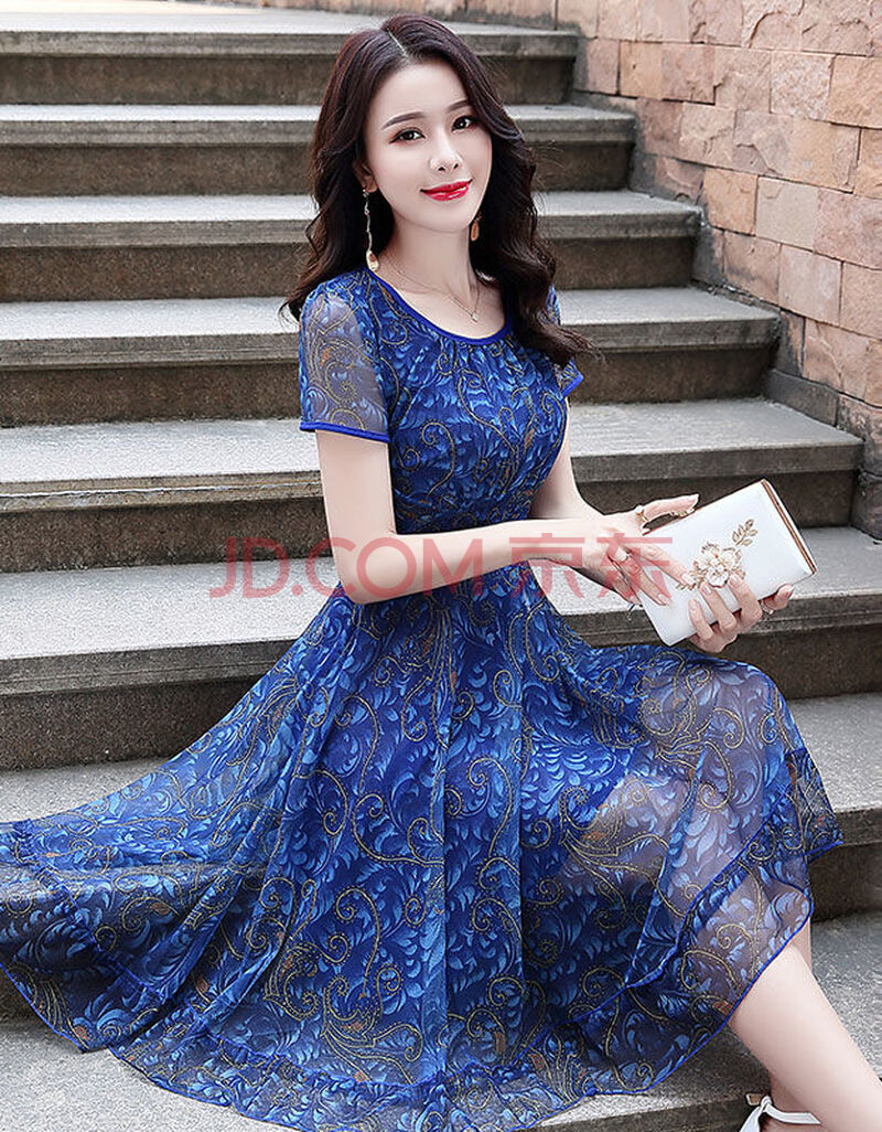 雪纺网纱大码女装连衣裙女2020新款修身显瘦中长款裙 蓝色 4xl (建议