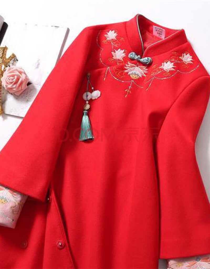 【junfangya】中国风红色唐装中式古风毛呢民国年会汉服女旗袍改良