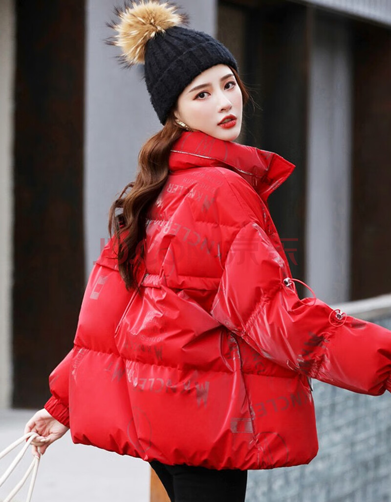 年新款韩版宽松收腰显瘦羽绒上衣女时尚百搭流行白鸭绒立领外套 红色