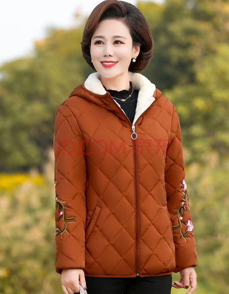 妈妈棉衣女短款小棉袄中年妇女加绒外套中老年女装秋冬装棉服加厚 桔