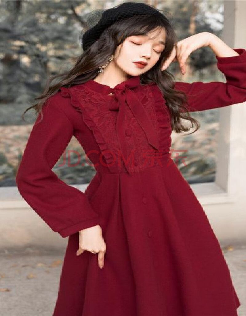 2020新款法式复古红色毛呢连衣裙秋季款女加厚小个子显瘦收腰裙子 酒