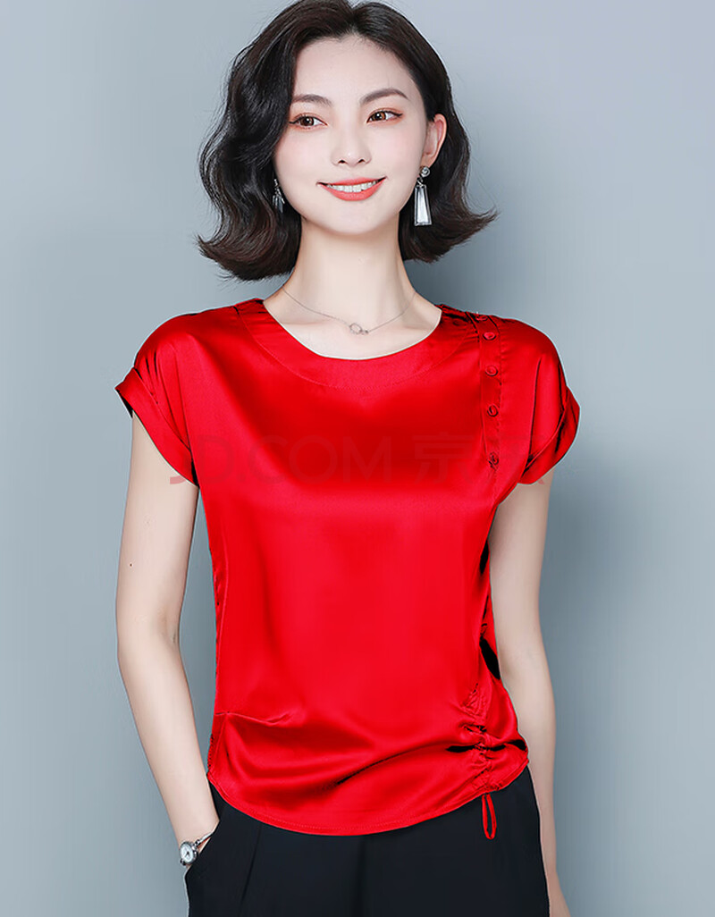轻奢品牌特卖真丝上衣女宽松显瘦短袖缎面上衣桑蚕丝抽绳大码t恤夏