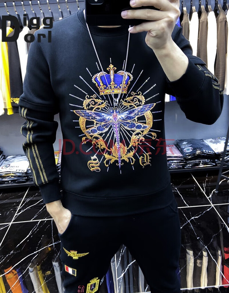 diggorl轻奢品牌香港潮牌2020秋款欧洲站男装烫钻皇冠卫衣男秋冬款