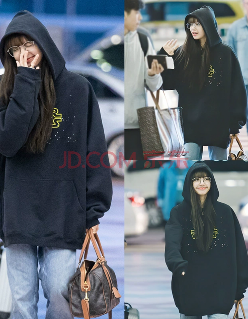 lisa同款圆领印花黑色卫衣女宽松大版上衣blackpink韩版帽衫秋冬 黑色