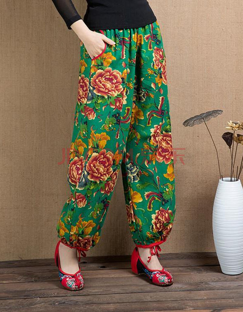 依岚傲雪 中式老北京唐装女裤改良亚麻大花布长裤子麻灯笼裤民族风 绿