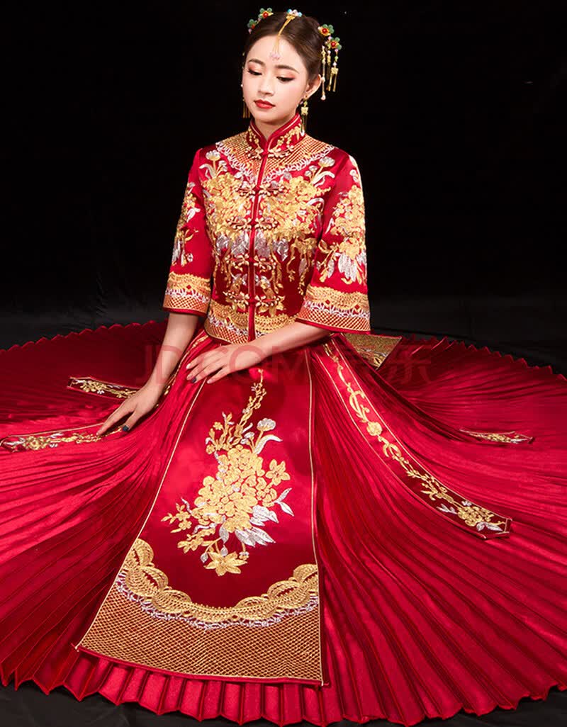 秀禾服新娘2020新款结婚中式婚纱礼服盘锦绣龙凤褂秀禾服嫁衣 百褶款