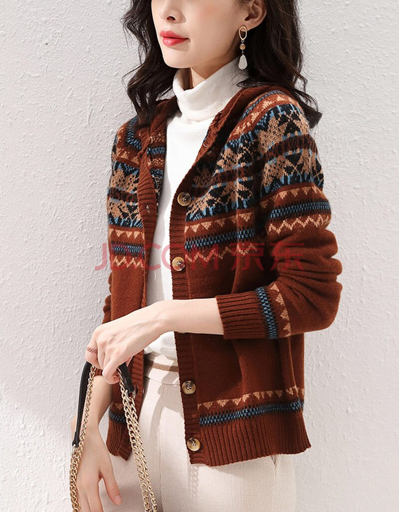 秋装2020年新款女装女士毛衣外套春秋洋气百搭连帽针织开衫 锈红色 s