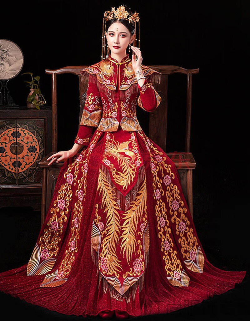 秀禾服新娘新款婚纱中式新娘服中国风结婚秀禾古装嫁衣大码女 双层长