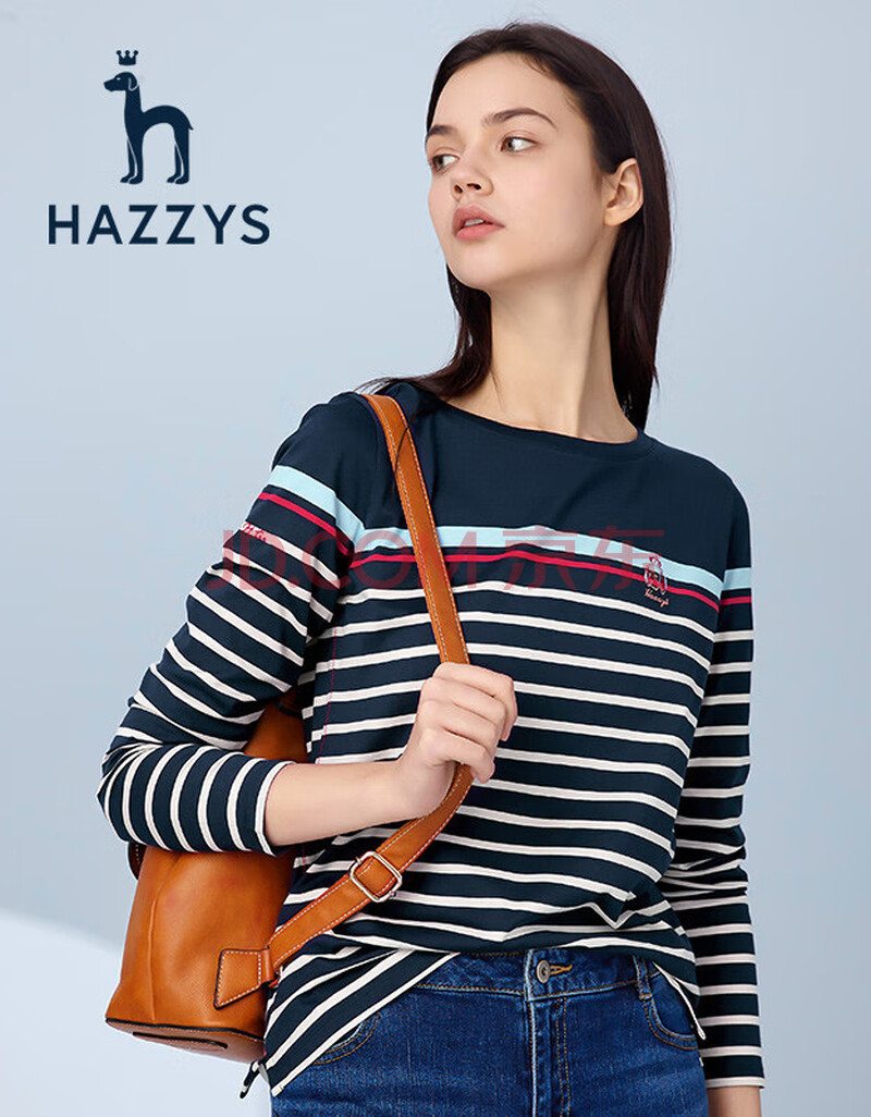 【商场同款】哈吉斯hazzys 春秋款t恤女条纹休闲简约长袖t恤衫新疆棉