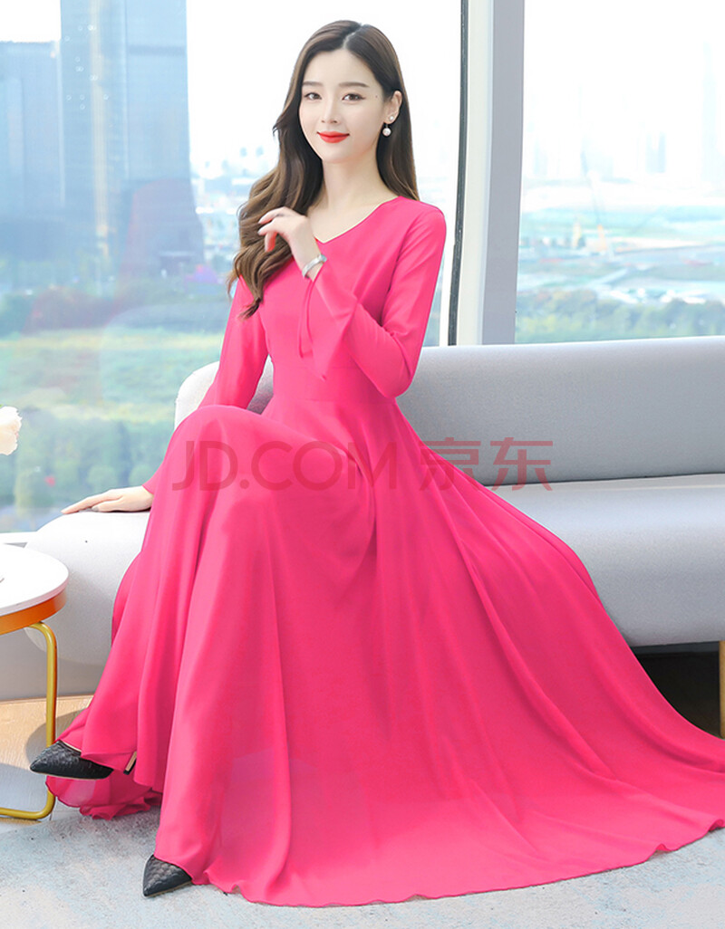 大码显瘦大摆长款沙滩裙韩版显瘦时尚女装 玫红 m【图片 价格 品牌